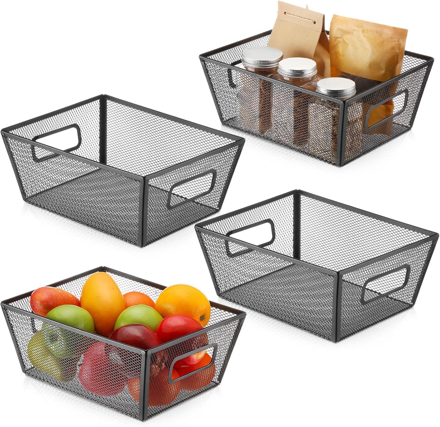 Maxdot 4 Pcs Wire Storage Basket with Handle Metal Baskets Wire Mesh Pantry Organizers for Cabinet Kitchen, Laundry, Bathroom Makeup Snacks Containers(White)