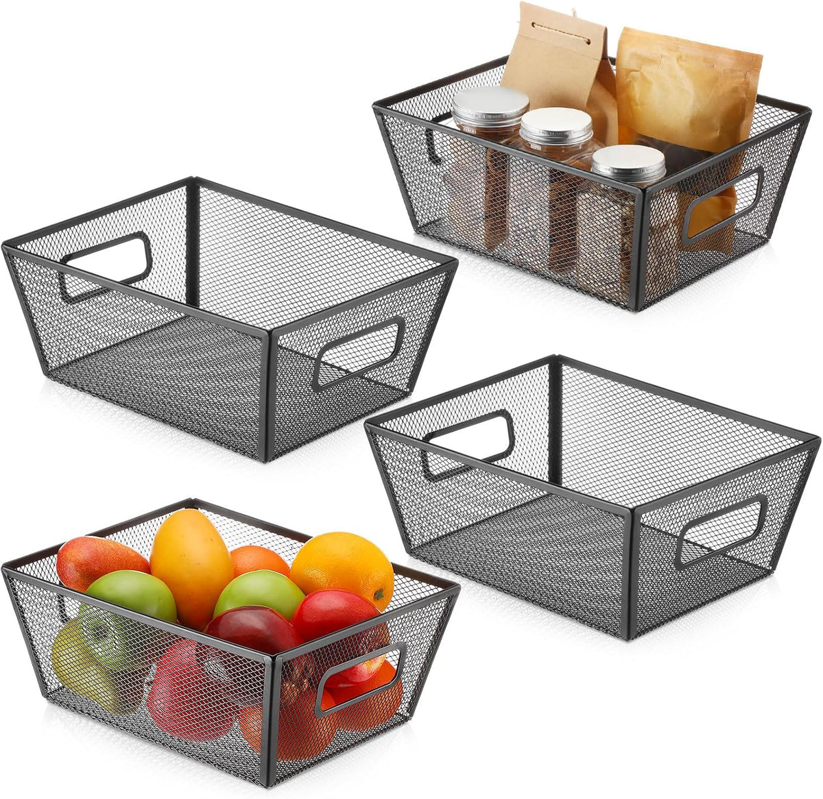 Maxdot 4 Pcs Wire Storage Basket with Handle Metal Baskets Wire Mesh Pantry Organizers for Cabinet Kitchen, Laundry, Bathroom Makeup Snacks Containers(White)