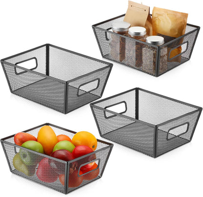 Maxdot 4 Pcs Wire Storage Basket with Handle Metal Baskets Wire Mesh Pantry Organizers for Cabinet Kitchen, Laundry, Bathroom Makeup Snacks Containers(White)