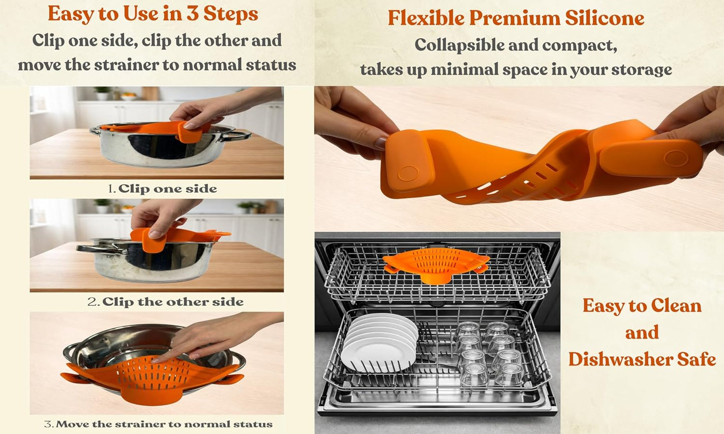 Clip On Strainer Silicone for Pots and Pans, Universal Fit Pasta Strainer and Pot Colander, Space Saving Food Drainer with Collapsible Funnel and Garlic Peeler, 3 Pcs Set, Gray