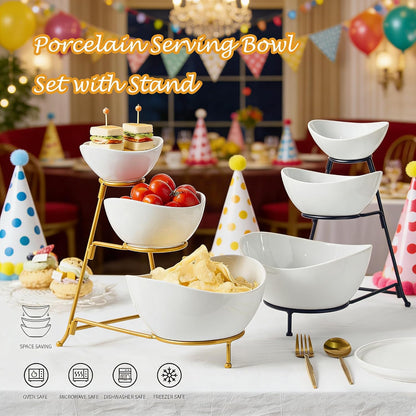 Gomakren 3 Tiered Oval Serving Bowl with Collapsible Metal Rack, Chip and Dip Serving Set, Dessert Appetizer Bowl Set (45oz / 17.5oz / 7oz), Serving Bowls For Mothers Day Entertaining (Gold Stand)