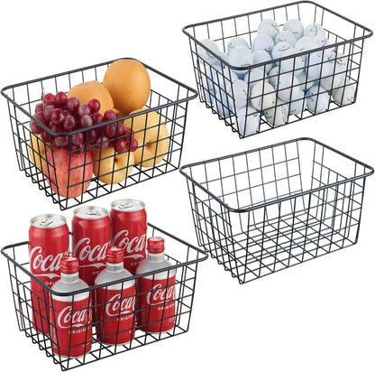 JUNCHU CHERRY Wire Kitchen Storage Basket 4 Packs,Perfect Pantry Organization Accessories Baskets,Laundry Basket,Countertop Organization,Suitable for Kitchen,Bathroom,Bedroom,Tabletop,Stackable,Chrome
