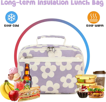 Bluboon Insulated Lunch Bag for Girls & Boys, Corduroy School Lunch Box with Cooler & Organizer Compartments, Leak-Proof Lunch Tote for School, Travel (Corduroy Strawberries Beige)
