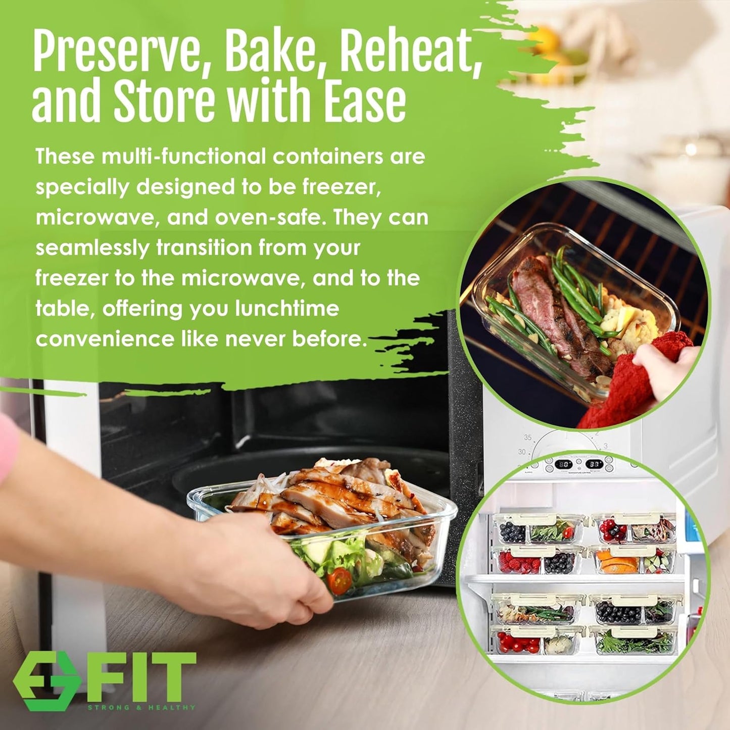 FIT Strong & Healthy 2 and 3 Compartment Glass Meal Prep Containers – Glass Bento Box for Adults, Portion Control, Food Storage, Lunch Container, Oven & Freezer Safe, Leak-Proof, 32 oz, Gray, 4 Pack