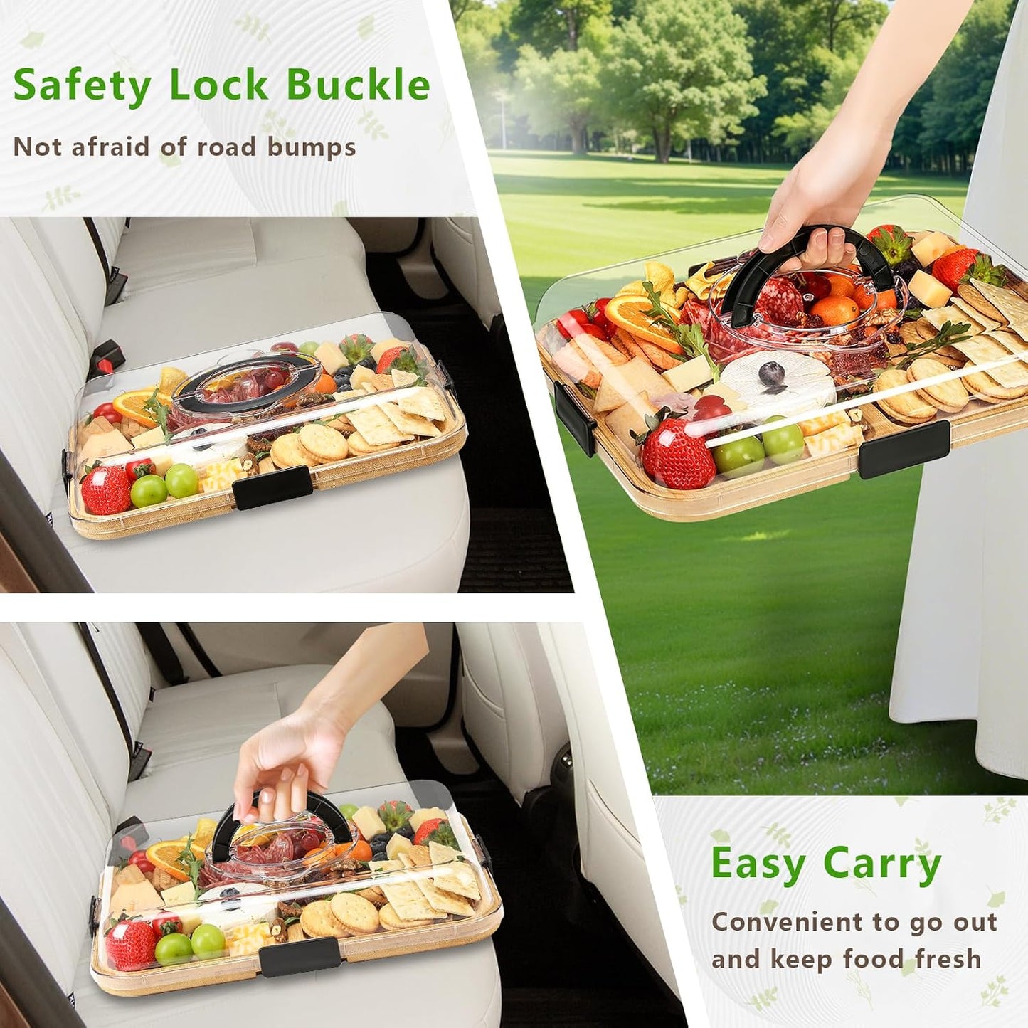 SAKAMOSH Charcuterie Board with Lid and Handle, Portable Travel Bamboo Cheese Board Set with Cheese Knife Set, Gift for Housewarming, Picnic, Gathering (15"x11" Board & 10" Round Board)