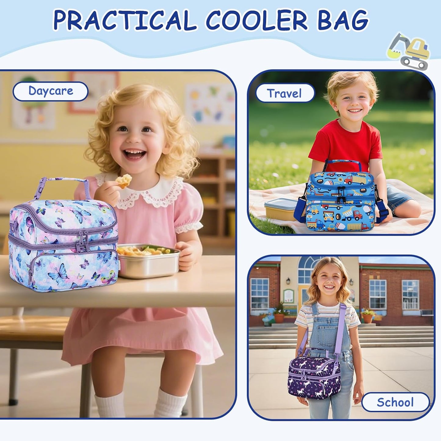 Kasqo Lunch Bag Kids, Dual Compartment Insulated Cooler Bag 7.5L Girls Boys Toddler Lunch Box Containers for Daycare School Kindergarten Travel Ombre Butterfly