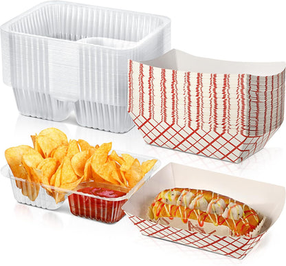 Yerliker 100 Pcs Disposable Tray Set 50 Plastic Nacho & 50 3 lb Paper Food Trays Food Boats Popcorn Chip Holder for Carnivals, Movie Theater, Concession Stand Supplies & Snack(Stripe Style)