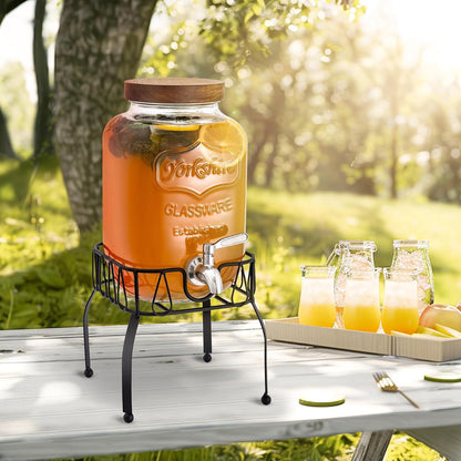 mustry Glass Drink Dispenser for Parties, 1 Gallon Beverage Dispenser with Stand and Spigot Solid Stainless Steel, Used as Lemonade Dispenser Sun Tea Jar Kombucha Jar, Set of 2
