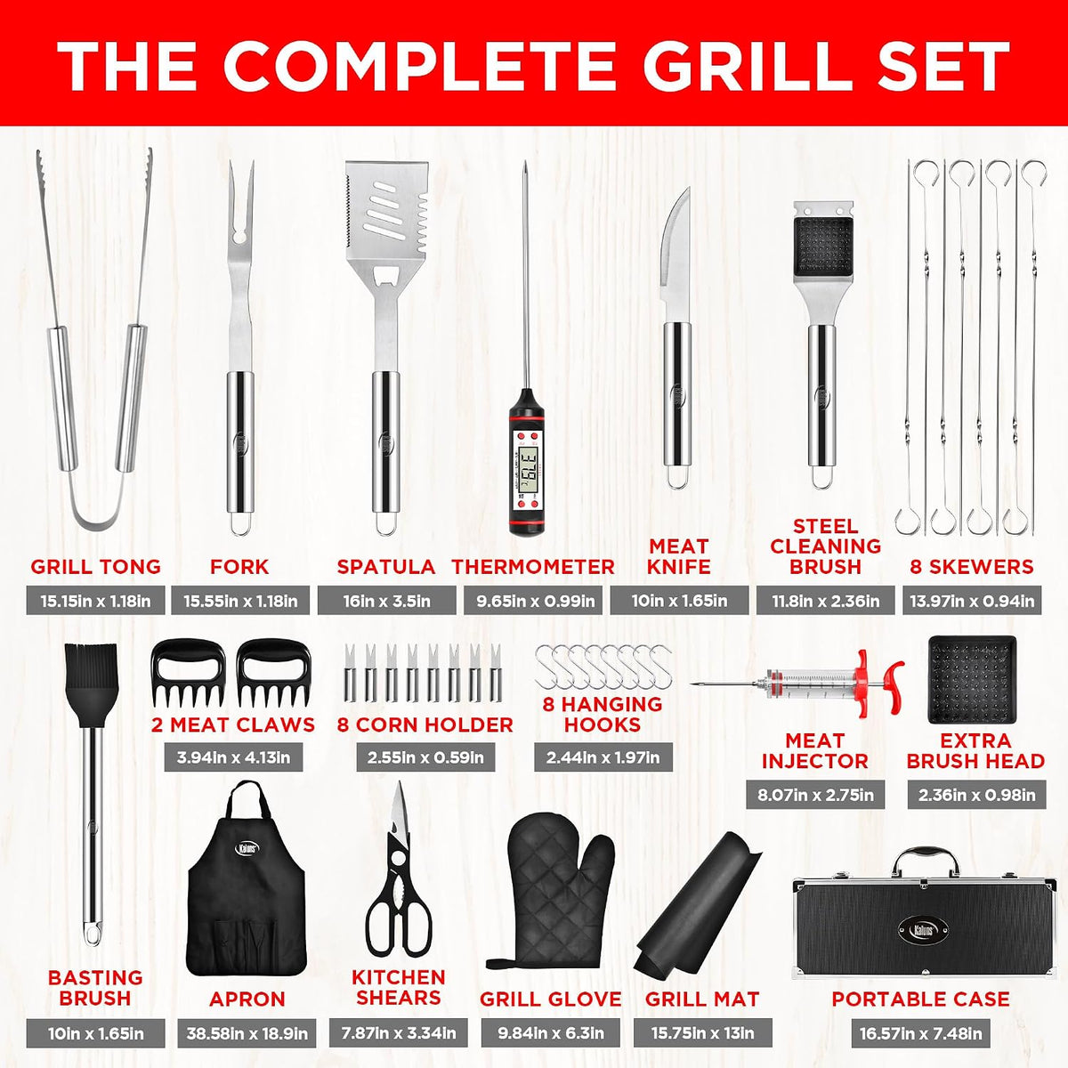 Kaluns BBQ Grilling Accessories, Grilling Gifts for Men Dad, Grill Tools for Outdoor Grill, Heavy Duty Stainless Steel Grill Set with Spatula, Tongs, Fork, Brush, & Grilling Mat, Best BBQ Gifts