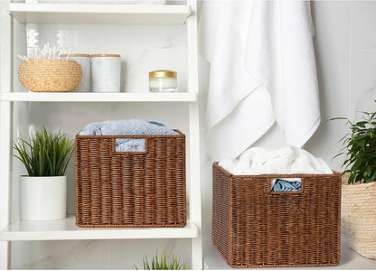 12x12x10in Water Hyacinth Storage Basket Large, Folding Cube Woven Wicker Storage Basket for Shelves, Pantry Baskets Organization and Storage, Kitchen Storage Baskets, Large Rattan Basket Set of 3