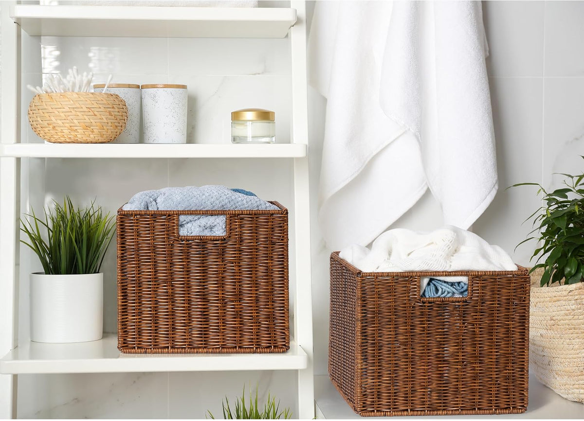 12x12x10in Water Hyacinth Storage Basket Large, Folding Cube Woven Wicker Storage Basket for Shelves, Pantry Baskets Organization and Storage, Kitchen Storage Baskets, Large Rattan Basket Set of 3