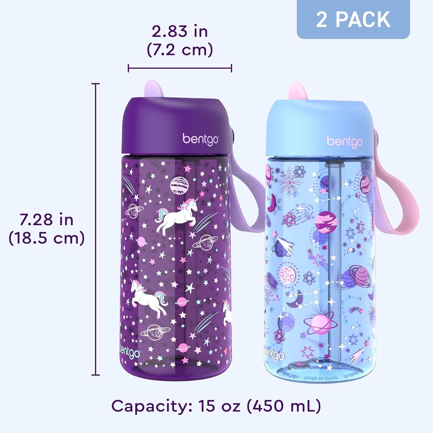 Bentgo Kids Water Bottle - Leak-Proof, Durable Tritan PFAS- & BPA-Free 15 fl oz, Kids/Toddlers Ages 3+ for School & Sports; Bite & Sip Spout, Carrying Handle, Dishwasher Safe (Unicorn)