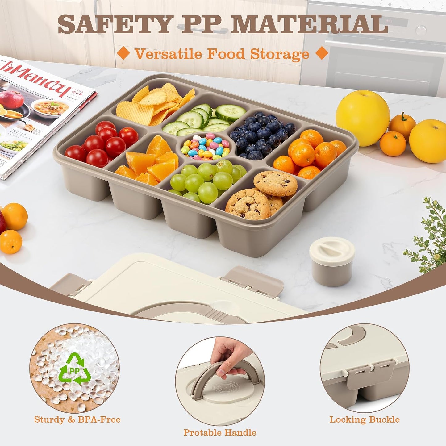 Snackle Box Container, Divided Serving Tray with Lid and Handle, 9 Compartments Snack Box Container for Adults, Portable Charcuterie Serving Platter for Candy Fruit, 9.9 Cups, White Grey