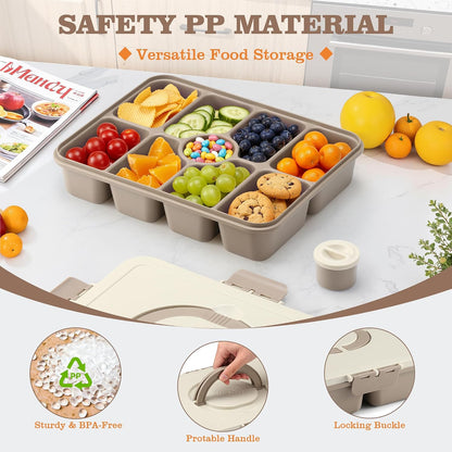 Snackle Box Container, Divided Serving Tray with Lid and Handle, 9 Compartments Snack Box Container for Adults, Portable Charcuterie Serving Platter for Candy Fruit, 9.9 Cups, White Grey