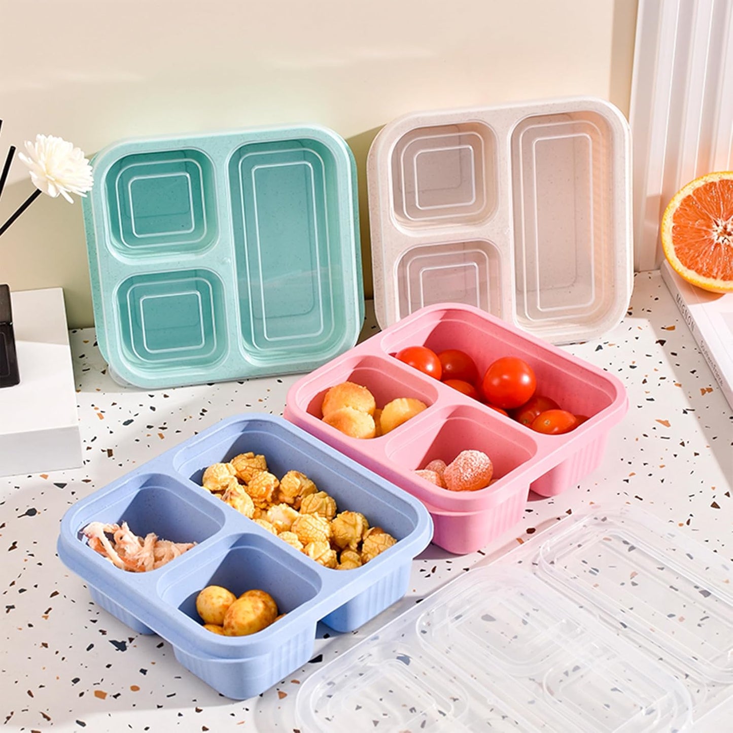 Finorder 6 Pack 4-Compartment Snack Containers, Reusable Food Containers for Kids School, Adults Office, Picnic Trip, Lunch Bento Box Meal Prep Containers (Bright Color Set)