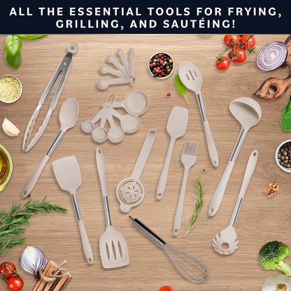 Home Hero Silicone Kitchen Utensils Set - Heat Resistant Non-Scratch Cooking Utensils - Ergonomic Silicone Spatula Set - Dishwasher Safe Kitchen Tools - 26 Piece, Stone