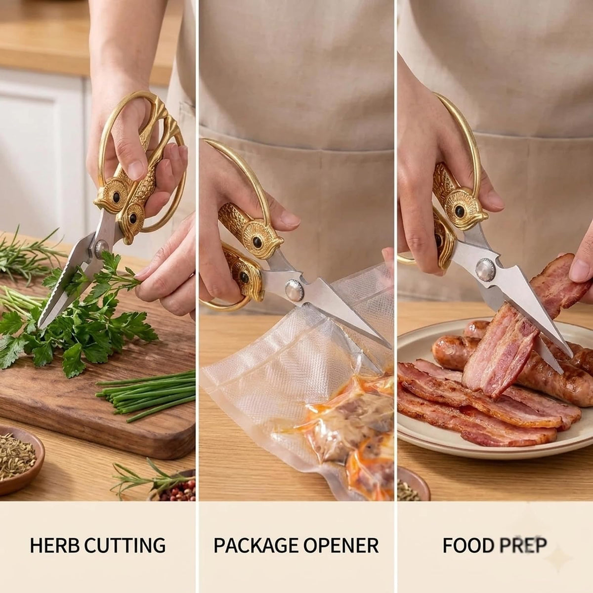 XSNBRD All Purpose Kitchen Scissors, Pearl Gold Stainless Owl Shears.