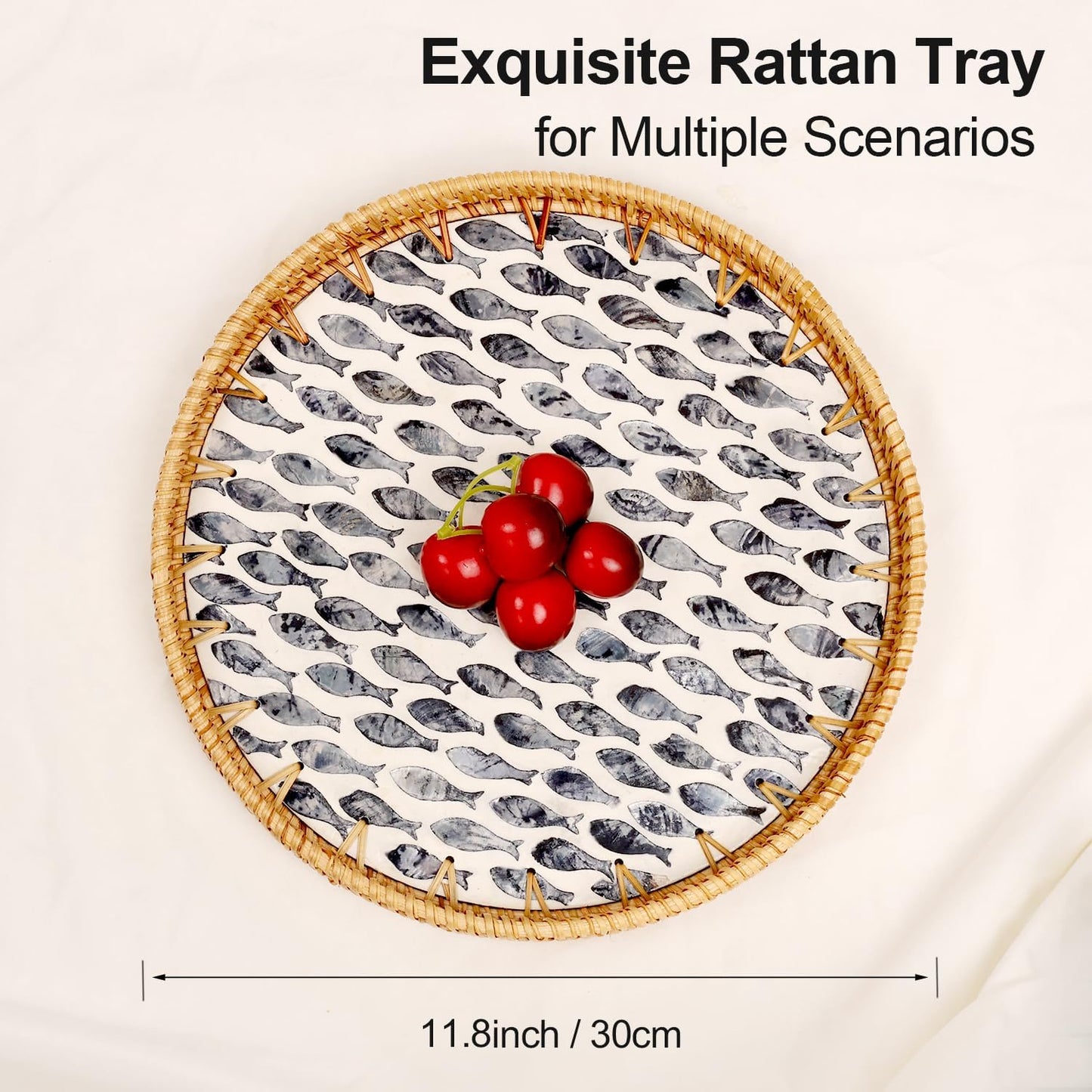 Round Rattan Tray with Mother of Pearl Inlay, Rattan Serving Tray for Coffee, Bread, Fruits, Decorative Wicker Tray for Table Decor, Home Decor, Kitchen Island Decor(Black Checkerboard, 11.8")