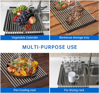 Expandable Roll Up Dish Drying Rack Over The Sink Rack, Foldable Dish Drainer Rack Stainless Steel for Large Sink, Silicone Rollable Collapsible Rack 18 Tube for Kitchen(Sliver,12.8'' to 21.25”)