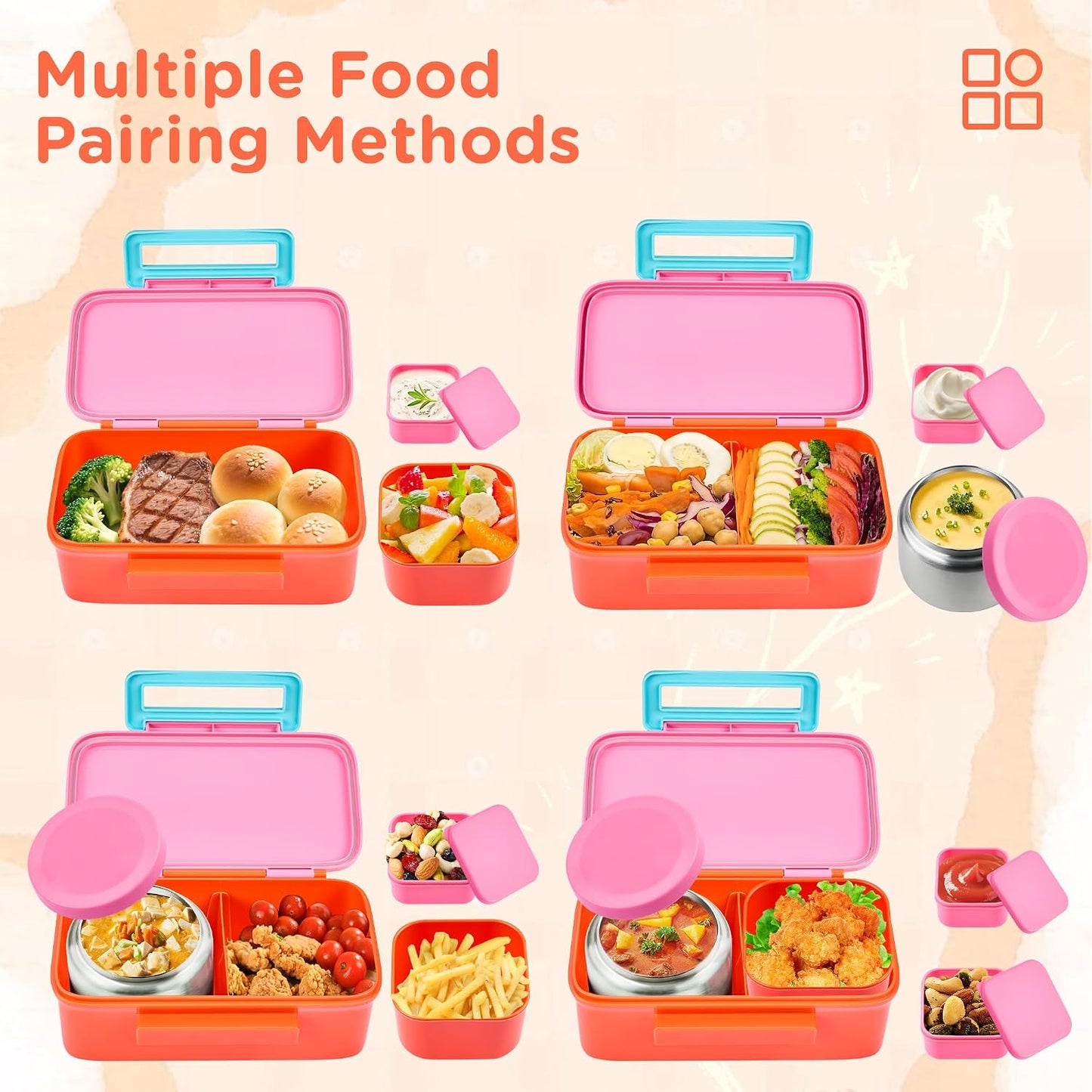 JXXM Bento Lunch Box for Kids With 8oz Thermo, Leakproof Bento Box with with 2 Compartments, Insulated Bottle, Lunch Bag, BPA Free Dishwasher Safe for School Girls Boys (Pink)