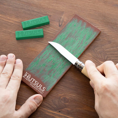 Hutsuls Knife Stropping Compound With Case - (2-Pack, 5 Oz Total) for Razor-Sharp Edges, Green Buffing Bars Easy to Use With Leather Strop Guide