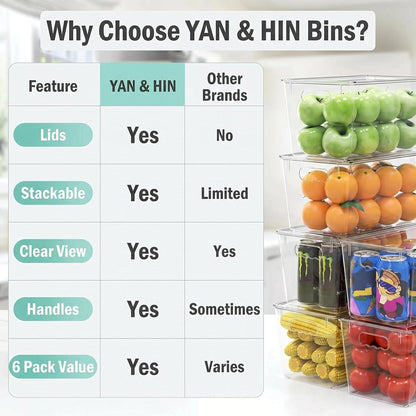 YAN & HIN 6 Pack Clear Storage Bins with Lids, Stackable Plastic Organizer Bins with Handles, Pantry Organizers and Storage for Kitchen Cabinet, Fridge, Bathroom, Closet and Shelf Organization