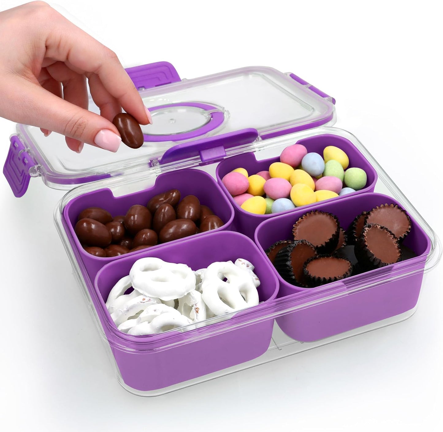 KEYVOZ Snackle Box Container with Lid- Travel Charcuterie Box with Handle - Organizer for Candy, Fruit, Nuts, Veggies, Snacks, Beach Essentials, Portable Lunch Box (Red, Small)