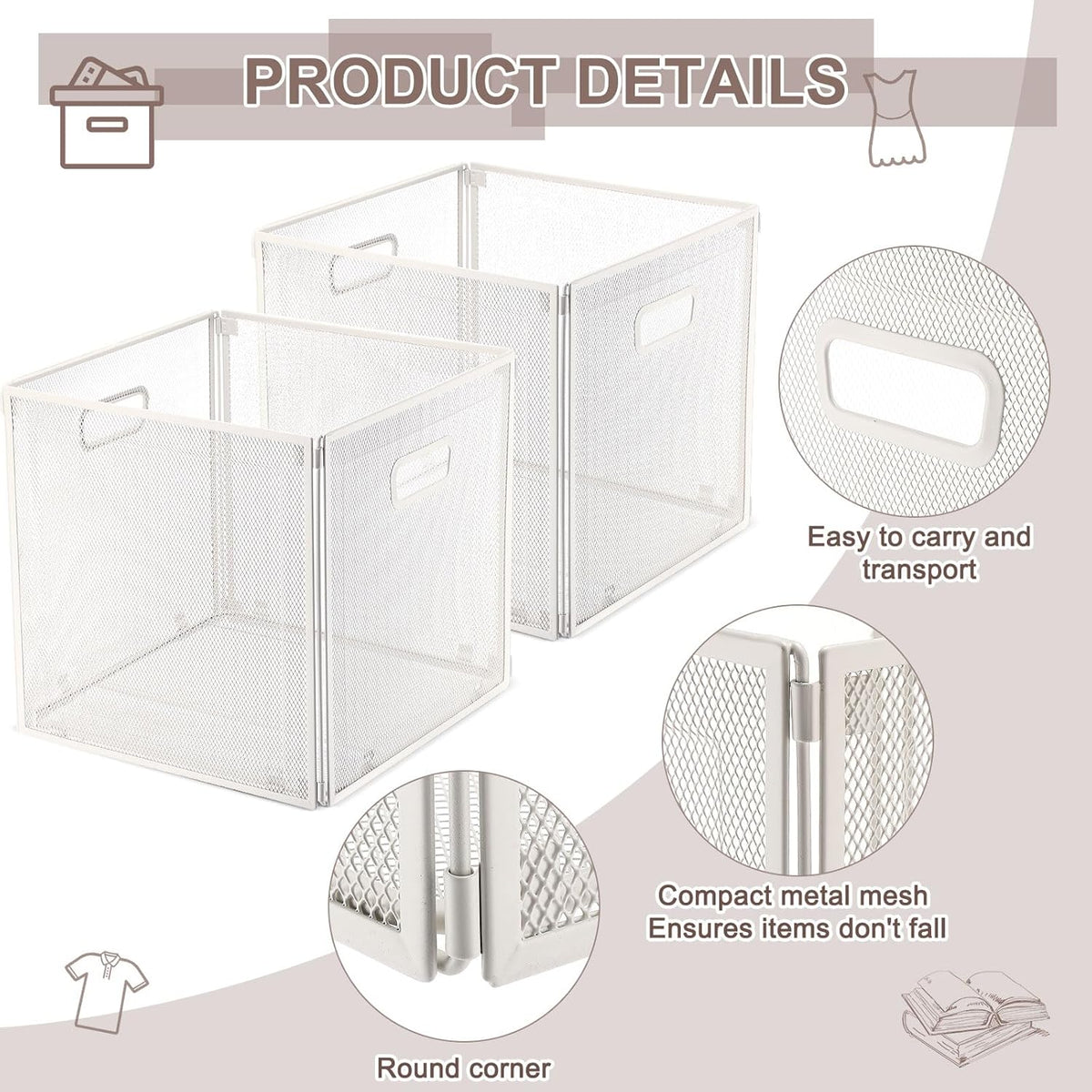 Funnymoom 2 Pcs Foldable Metal Wire Basket 13 x 13 Inch Black Cube Storage Bins Stackable Wire Laundry Baskets Organizer with Handle for Shelves Pantry Cabinet File Graduation Gift