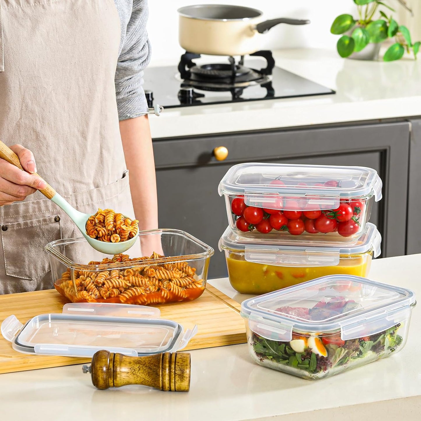 4 Pack 8 Cups/ 63oz Large Glass Storage Containers with Lids, Meal Prep Containers, Glass Food Storage with Airtight Lid for Baking, Leak Proof & Microwave, Oven Safe (4 Containers + 4 Lids)