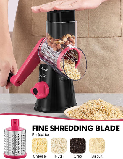 Geedel Rotary Cheese Grater, Kitchen Mandoline Vegetable Slicer with 3 Interchangeable Blades, Easy to Clean Rotary Grater Slicer for Cheese, Vegetables, Nuts