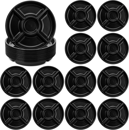 24 Pcs 5 Sectional Plastic Divided Serving Trays Bulk 12 Inch Round Chip and Dip Plates Fruit Veggie Appetizer Platter Snack Tray for Holiday Party Family Gathering(Black)