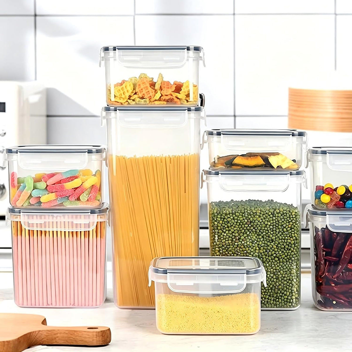 42pcs Airtight Containers, Clear Stackable Dry Food Storage | 42pk clear airtight containers with tight lids keep dry food fresh. Safe plastic, stackable for pantry kitchen storage