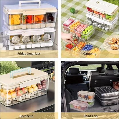 2Pack Chilled Condiment Caddy with 4 Containers 4 Lids Fruit Serving Tray Platter with Handle Portable Snackle Box Organizer Server with Ice Pack for Mimosa Bar Supplies,Salad,Taco,Party Garnish,Beige