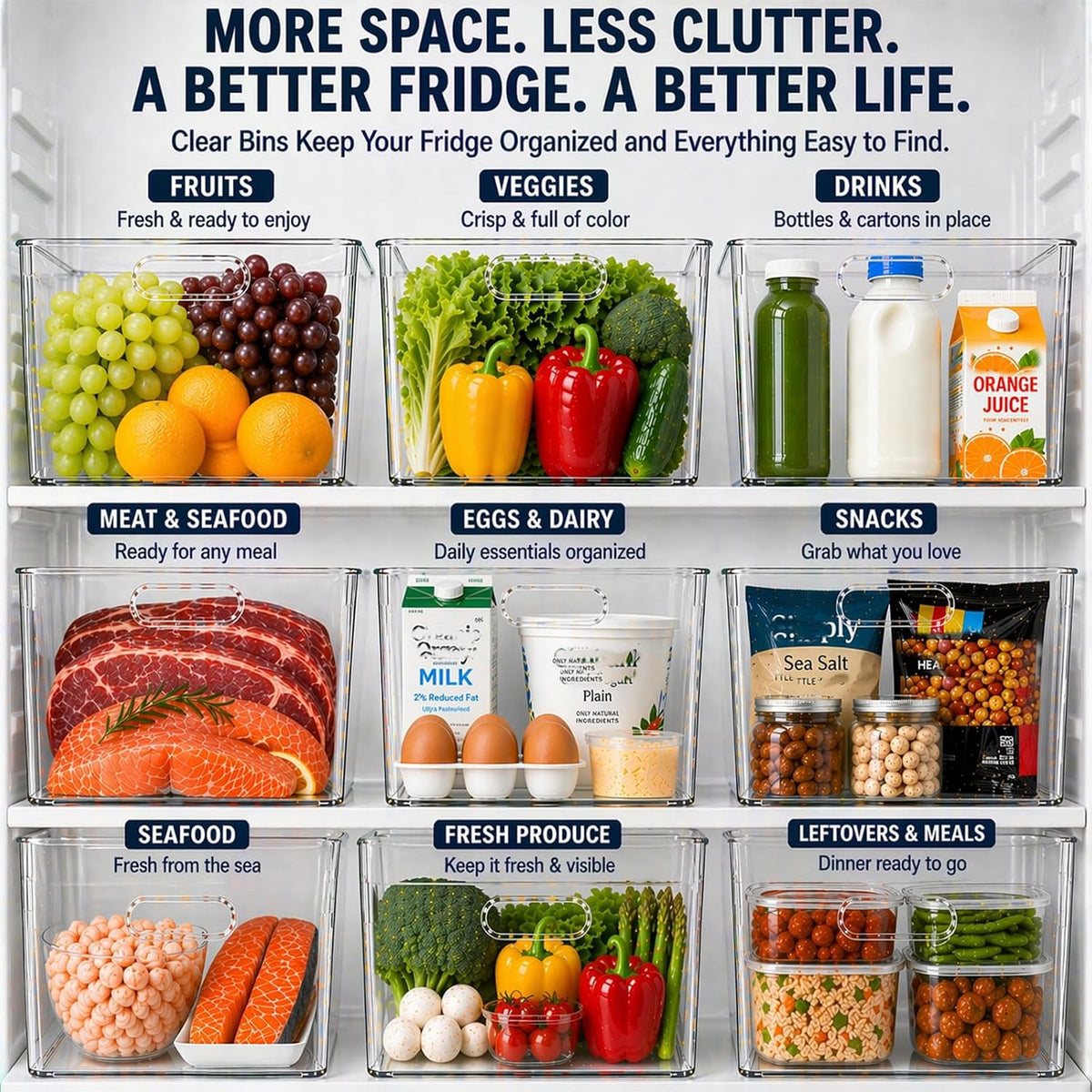 MOONEDGE 4 Pack Clear Plastic Organizer Bins, 2 Large & 2 Small Storage Set | Storage Bins for Pantry, Space-Saving Organizer Containers for Cabinets, Under-Sink, Bathroom, Kitchen, Freezer, Home Storage