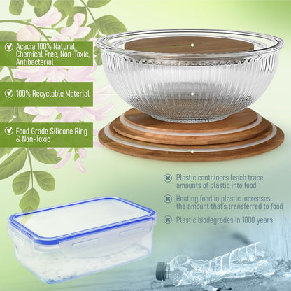 Set of 4 Stackable Space-Saving Nesting Glass Bowls with Airtight Acacia Lids for Lunch, Meal & Food Prep - Microwave & Oven-ready BPA Free Durable Heat Resistant Inert Borosilicate Glass