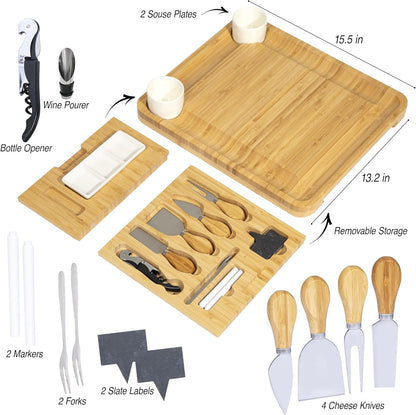 Personalized Charcuterie Board Gift Set, Custom Engraved Large Bamboo Cheese Board with Double-Sided Design, Knife Drawer, Ceramic Bowls & Cheese Knives, Wedding, Anniversary & Housewarming Gift