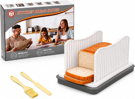 Bread Slicer for Homemade Bread, Adjustable Width Bread Slicing Guide - Foldable Bread Cutter with Crumb Tray, Compact Cutting Guide for Loafs, Sandwiches, Bagels, and Cakes