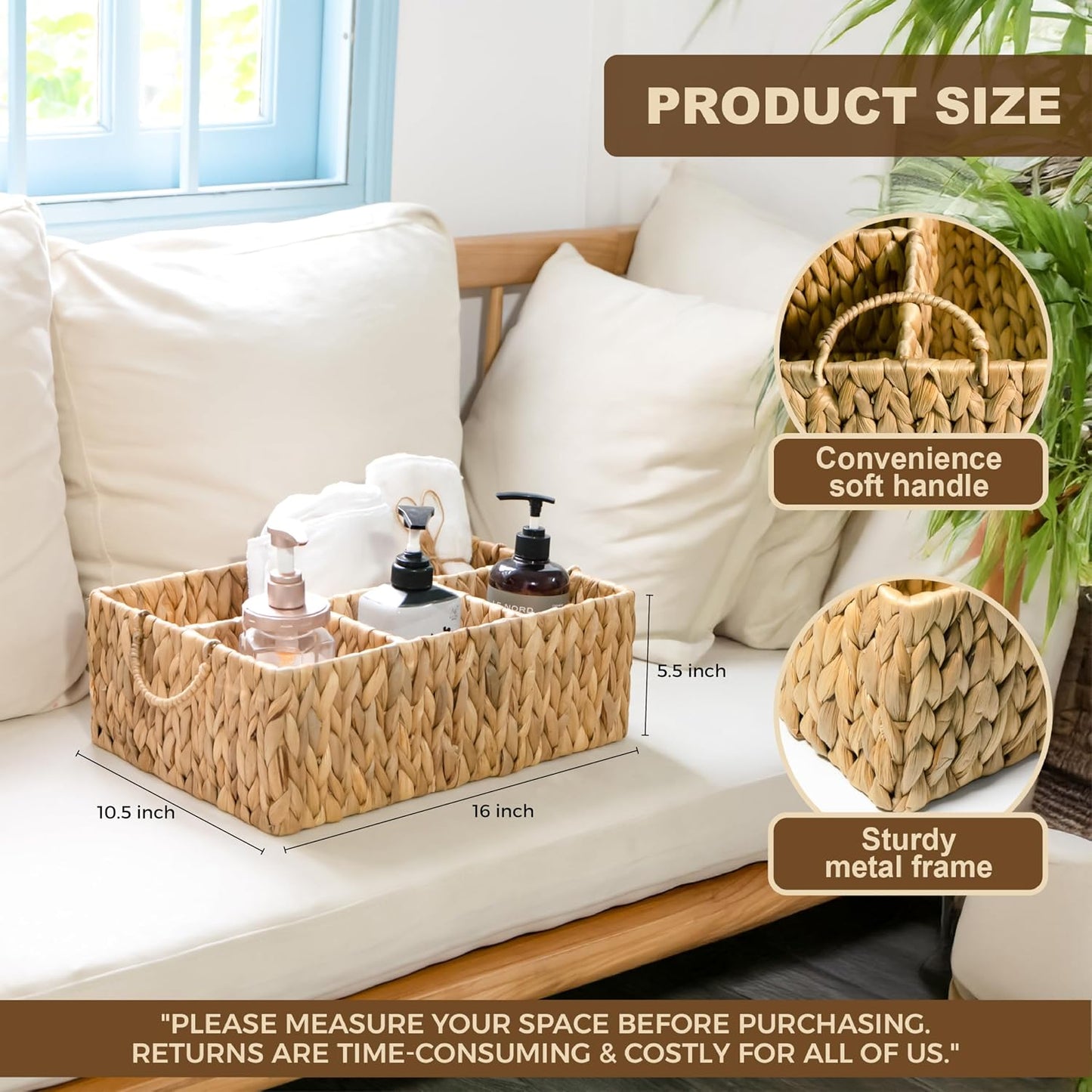 KOKODO 2-Pack Open Front Pantry Baskets, Handwoven Water Hyacinth Wicker Storage Baskets with Built-in Handles, Organizing Bins for Shelves