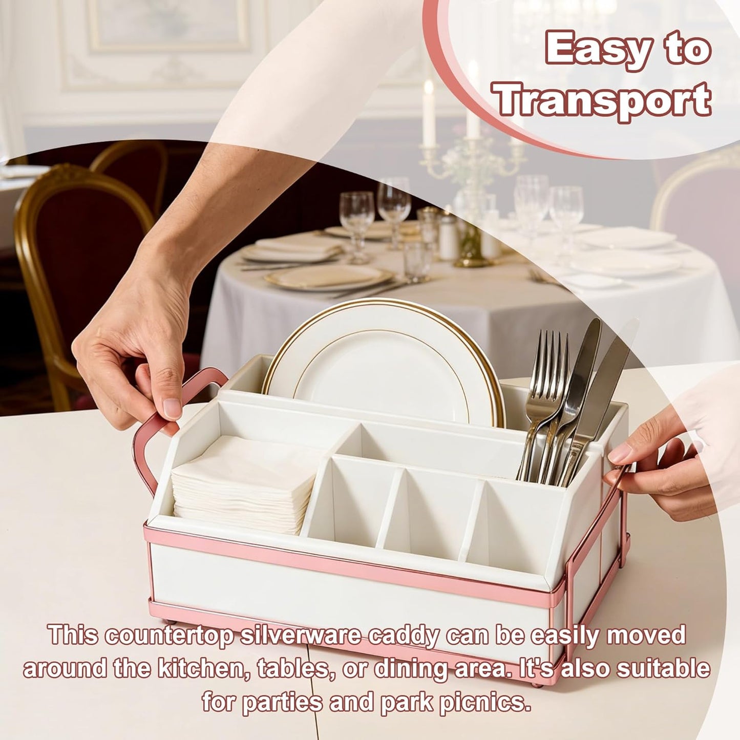 Large Kitchen Utensil Holder Caddy, 6 Compartments Wooden Utensils Organizer for Cooking Utensils, Silverware, Paper Plate, Spoon, Fork, Cutlery Storage on Kitchen Countertop for Party Hosting