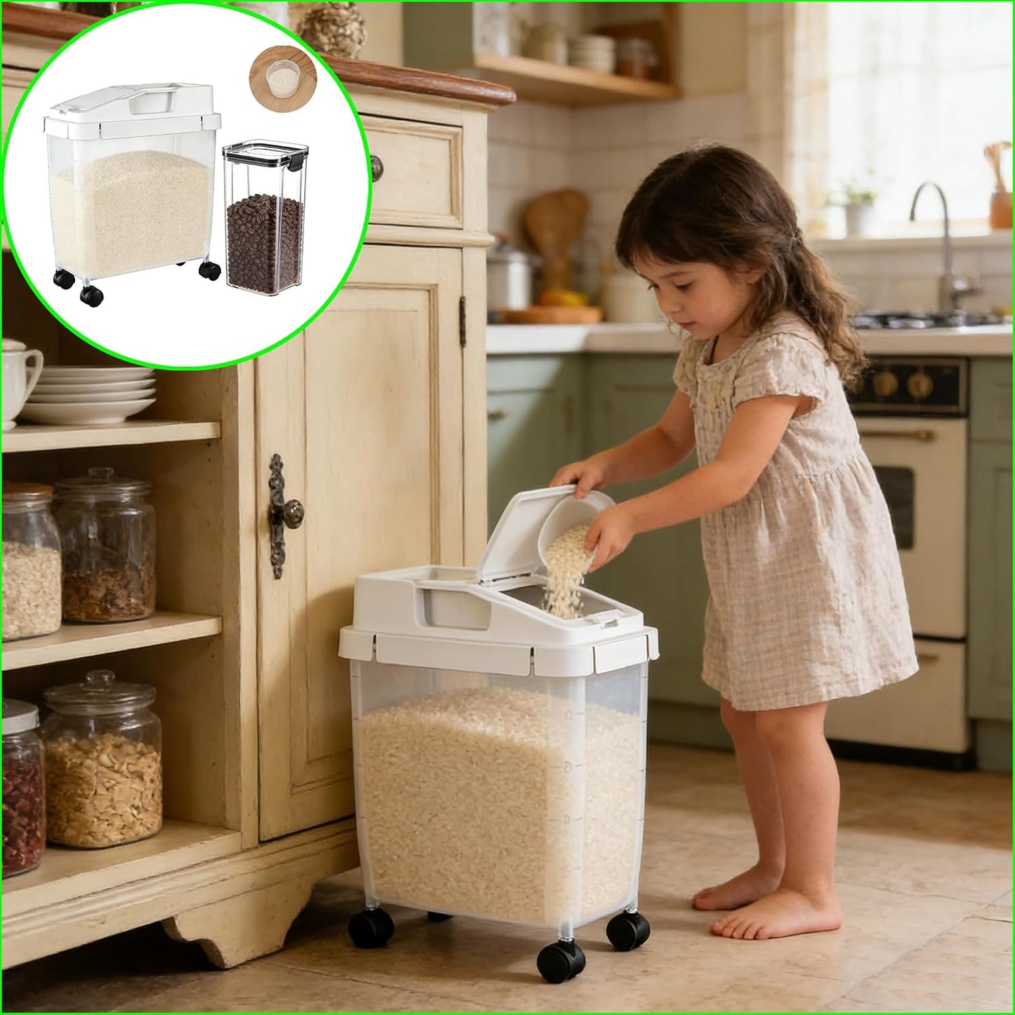 10LRice Container and1.3LStorage container,Storage container Airtight Rice Storage Container with Scale Wheels and Measuring cup, BPA Free Food Dispenser for Rice, Flour, Cereal, Pantry Organization