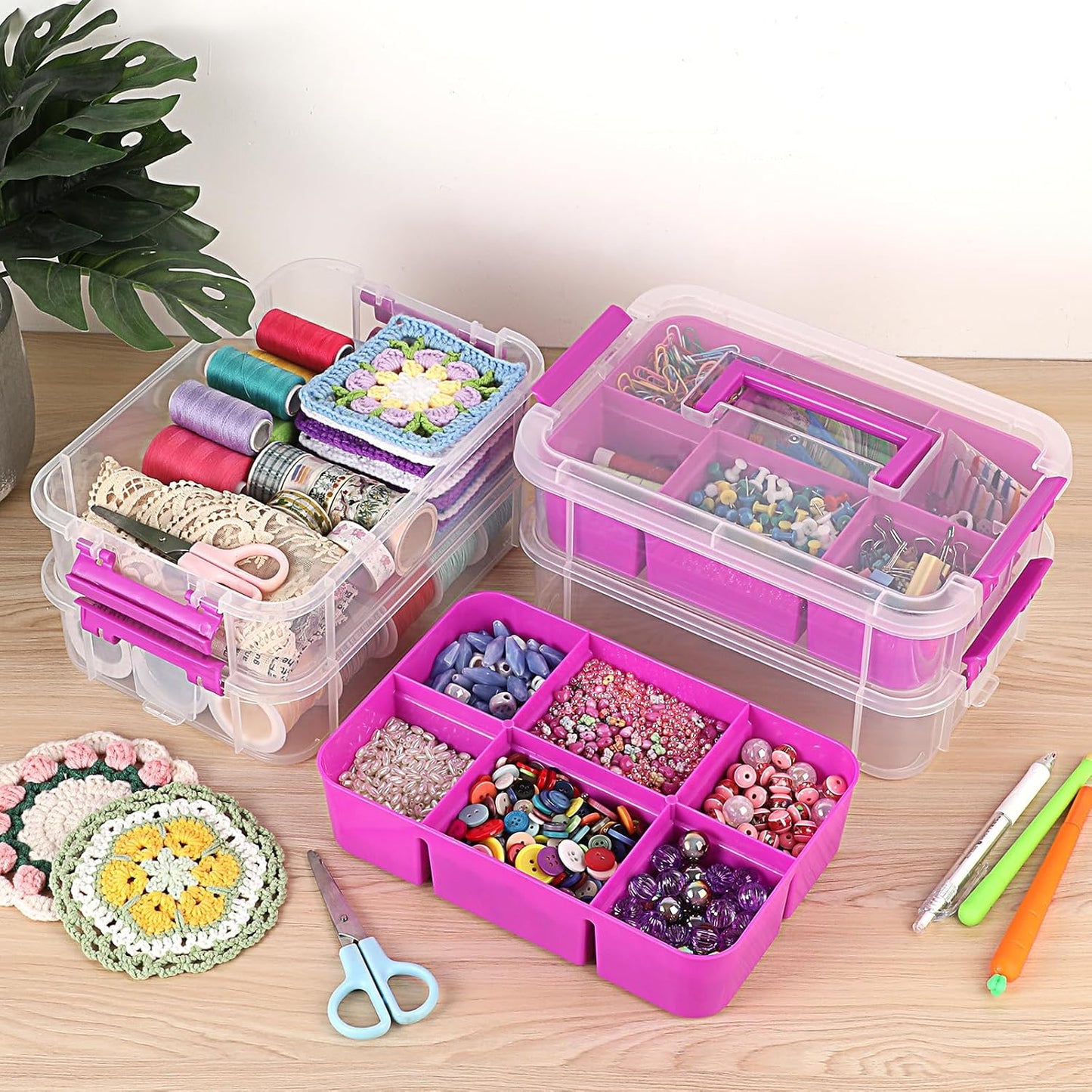 JUXYES 4-Tiers Plastic Stack Carry Storage Containers Box wih Handle Lids | Clear Stackable Latching Storage Bin With 2 Tray for School Office, Organizing Sewing, Art Craft, DIY Supplies, Blue