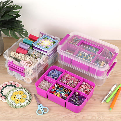 JUXYES 4-Tiers Plastic Stack Carry Storage Containers Box wih Handle Lids | Clear Stackable Latching Storage Bin With 2 Tray for School Office, Organizing Sewing, Art Craft, DIY Supplies, Blue