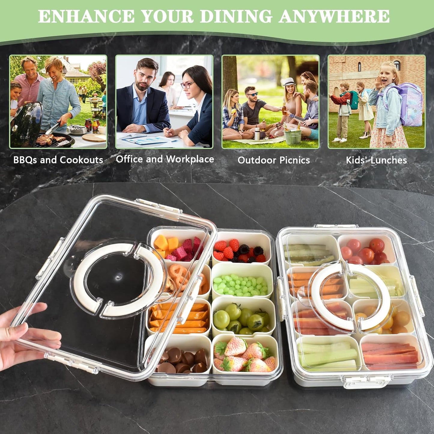 Artcome Sealed Divided Serving Tray with Handle, 8 Compartments, & Carry Bag - Ideal for Organizing and Carrying Snacks and Appetizers - Perfect for Outdoor Dining, Picnics, BBQs, Gatherings & Leisure
