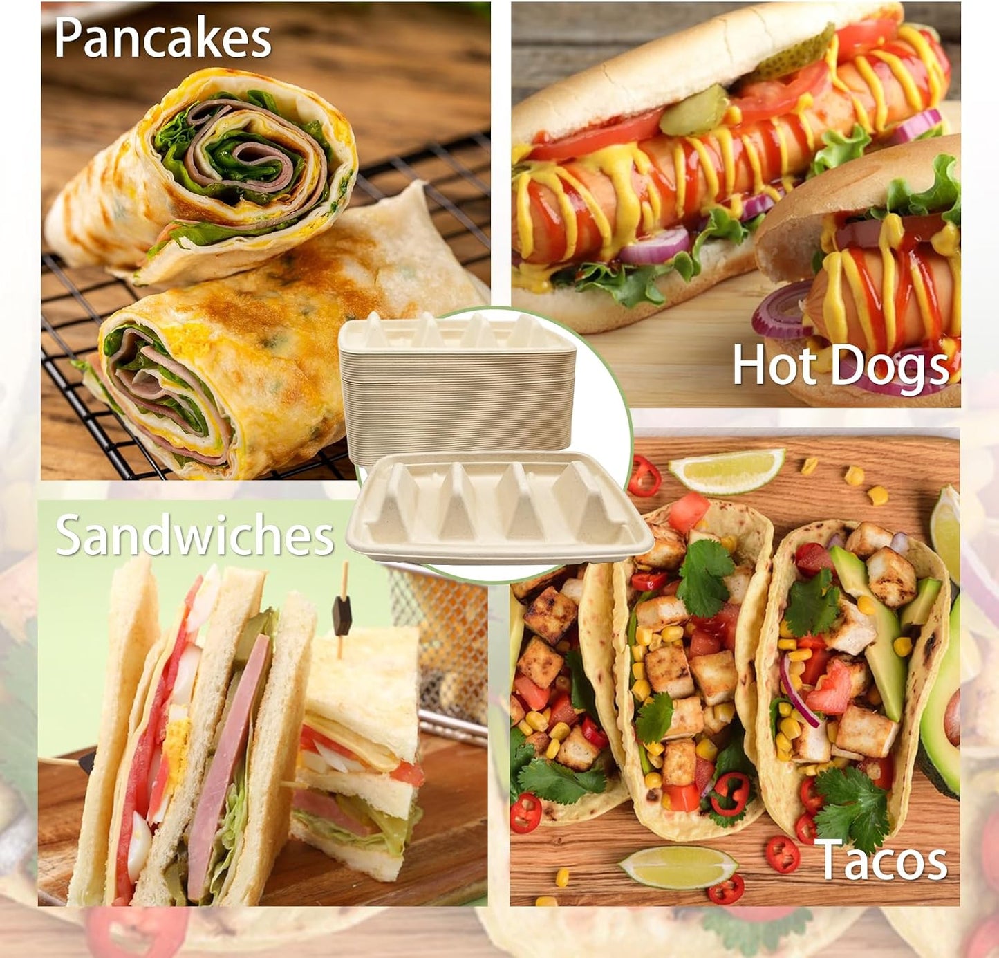 50 Pcs Disposable Taco Holders for Party, Premium Paper Taco Plates with 3 Dividers, Fiesta Taco Holder Trays Stand Rack Serving Set for Taco Tuesday Taco Bar