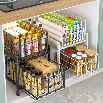 2Pack Wire Storage Bins Baskets,13.8inch Large Foldable Organizer Multipurpose Steel Basket Pantry Storage Bin Rack with Handle for Kitchen Cabinets, Pantry, Freezer, Bathroom,Closets 35x21.5x16 cm