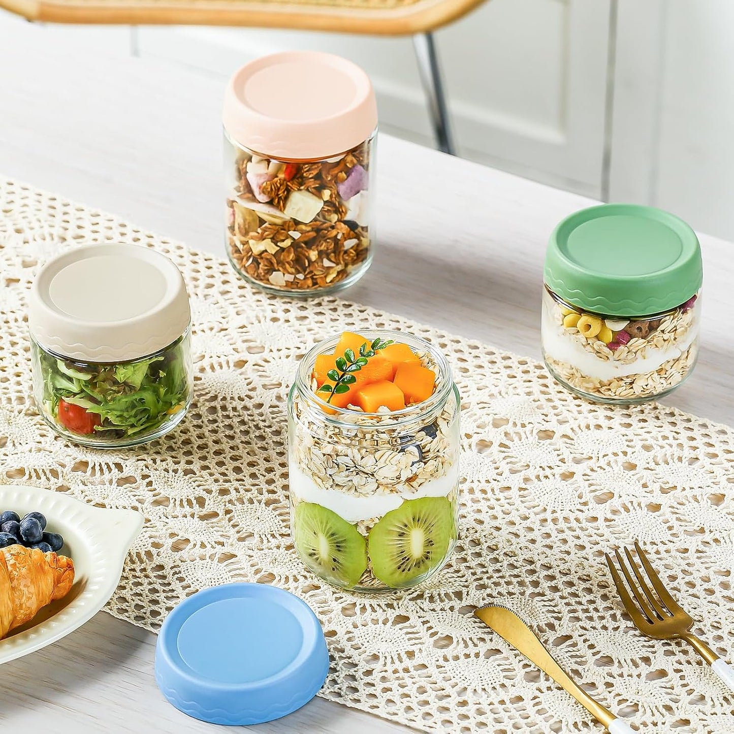 DRKIO 16 Oz Overnight Oats Containers with Lids - 6 Pack Glass Storage Jars with Airtight Lids Wide Mouth Mason Food Jars Great for Meal Prep Salad Chia Pudding Snacks Yogurt Sugar Spice Cereal