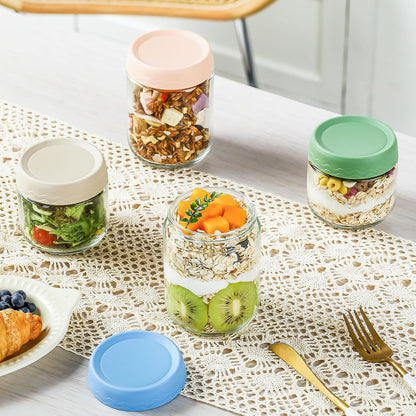 DRKIO 16 Oz Overnight Oats Containers with Lids - 6 Pack Glass Storage Jars with Airtight Lids Wide Mouth Mason Food Jars Great for Meal Prep Salad Chia Pudding Snacks Yogurt Sugar Spice Cereal