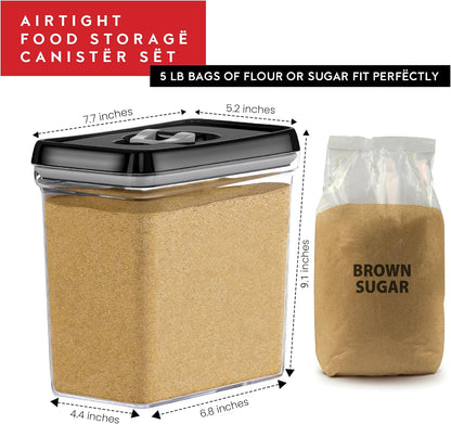 DWËLLZA KITCHEN Large Airtight Food Storage Containers - Clear Plastic Bulk Food Pantry & Kitchen Storage Containers for Flour, Sugar and Baking Supplies 4 Pcs. BPA-Free, Keeps Fresh & Dry (Black)