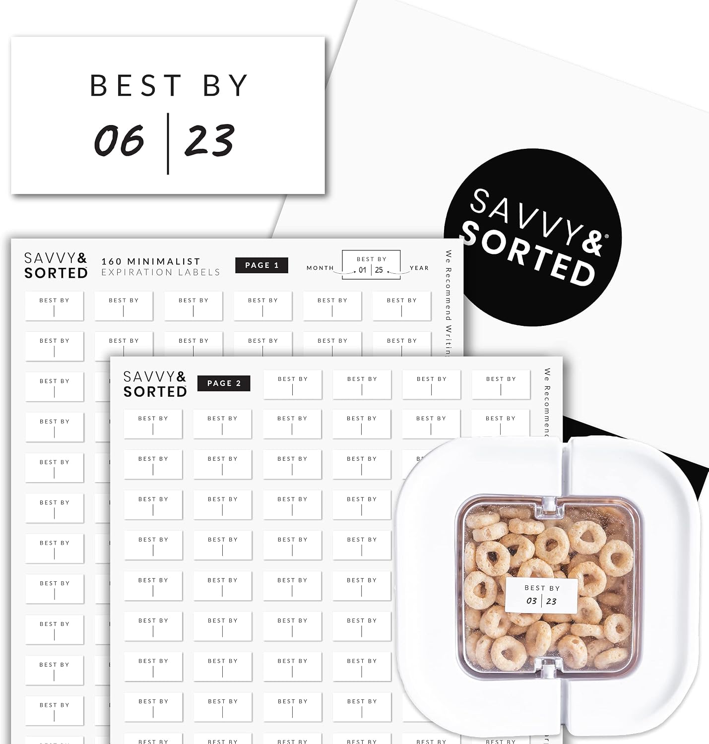 SAVVY & SORTED Expiration Date Pantry Labels, 160 Waterproof Food Expiration Date Label for Containers, Kitchen Stickers for Food Freshness, Use by Meal Prep Labels, Best By Write On Labels