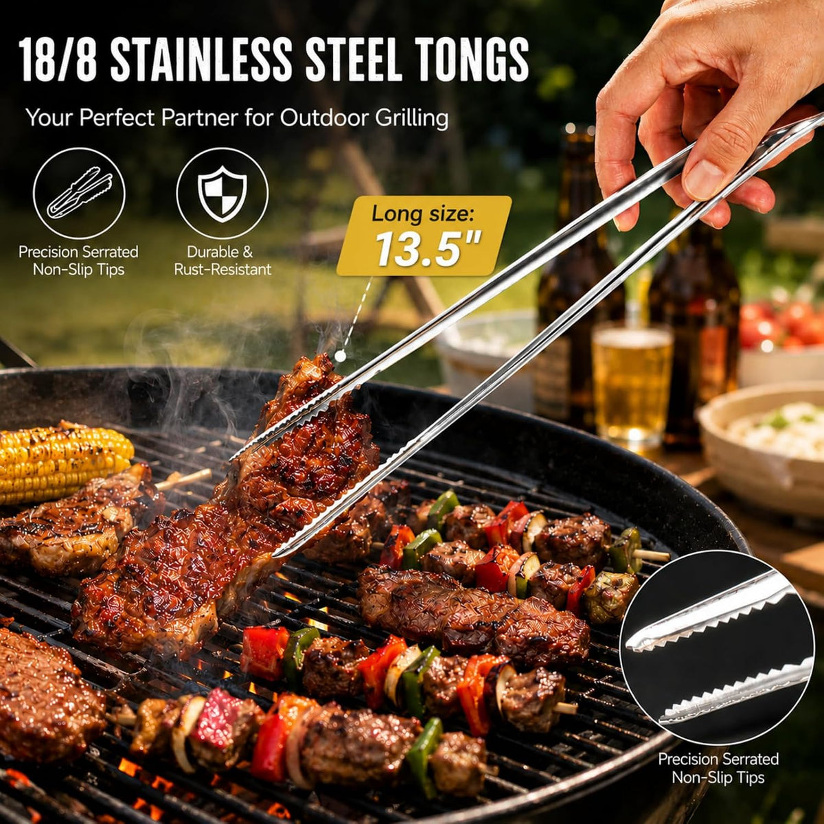 Tongs for Cooking, Long Kitchen Tweezers Set of 3, 18/8 Stainless Steel KitchenTongs with Precision Serrated Non-Slip Tips, Lightweight Durable Tweezer for Frying, Plating & BBQ(9.5"+11.5"+13.5")